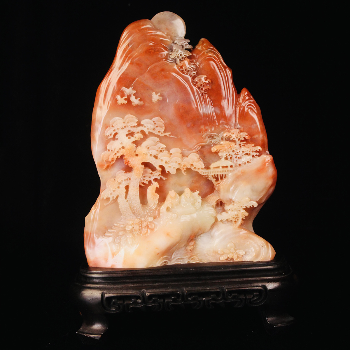 ▽鴻▽清朝時代 寿山石彫 山居図置物 台座付き 時代物 中国古美術 骨董品拍卖