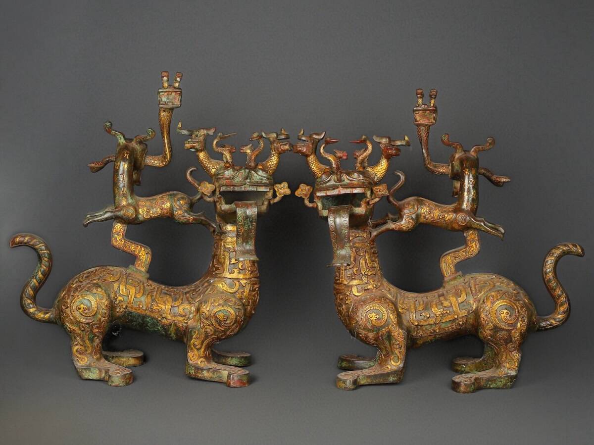 ▽鴻▽館蔵珍品 漢朝時代 青銅器 錯金 九頭獣置物一対 時代物 中国古美術 骨董品拍卖