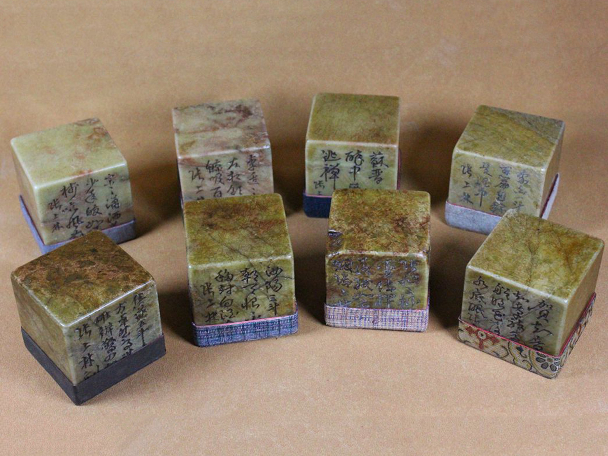 ▽鴻▽清朝時代 寿山石彫 飲中八仙印章セット 8点 張上林作 箱付 時代物 中国古美術 骨董品拍卖