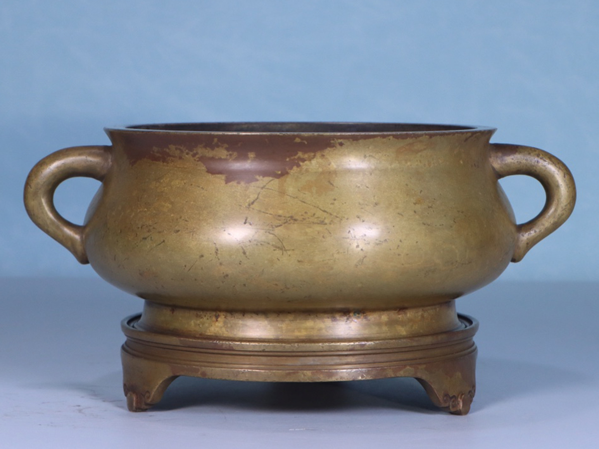 ▽鴻▽清時代 積翠堂款 銅胎 双魚耳香炉 時代物 中国古美術 骨董品拍卖