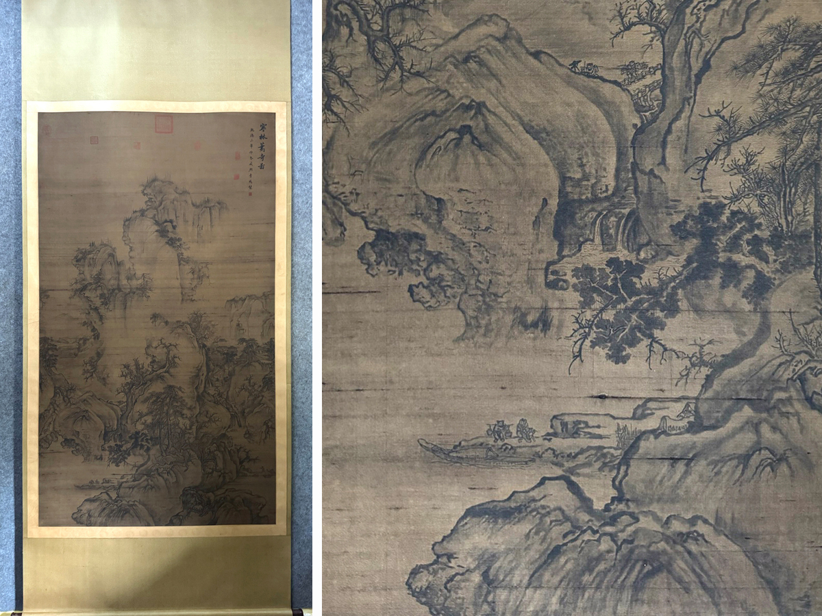 ▽鴻▽古書道【宋時代画家「李成書」絹本「寒林蕭寺図」巨大掛軸 共箱】 真筆肉筆 骨董書画 掛け軸 時代物 中国古美術 骨董品拍卖