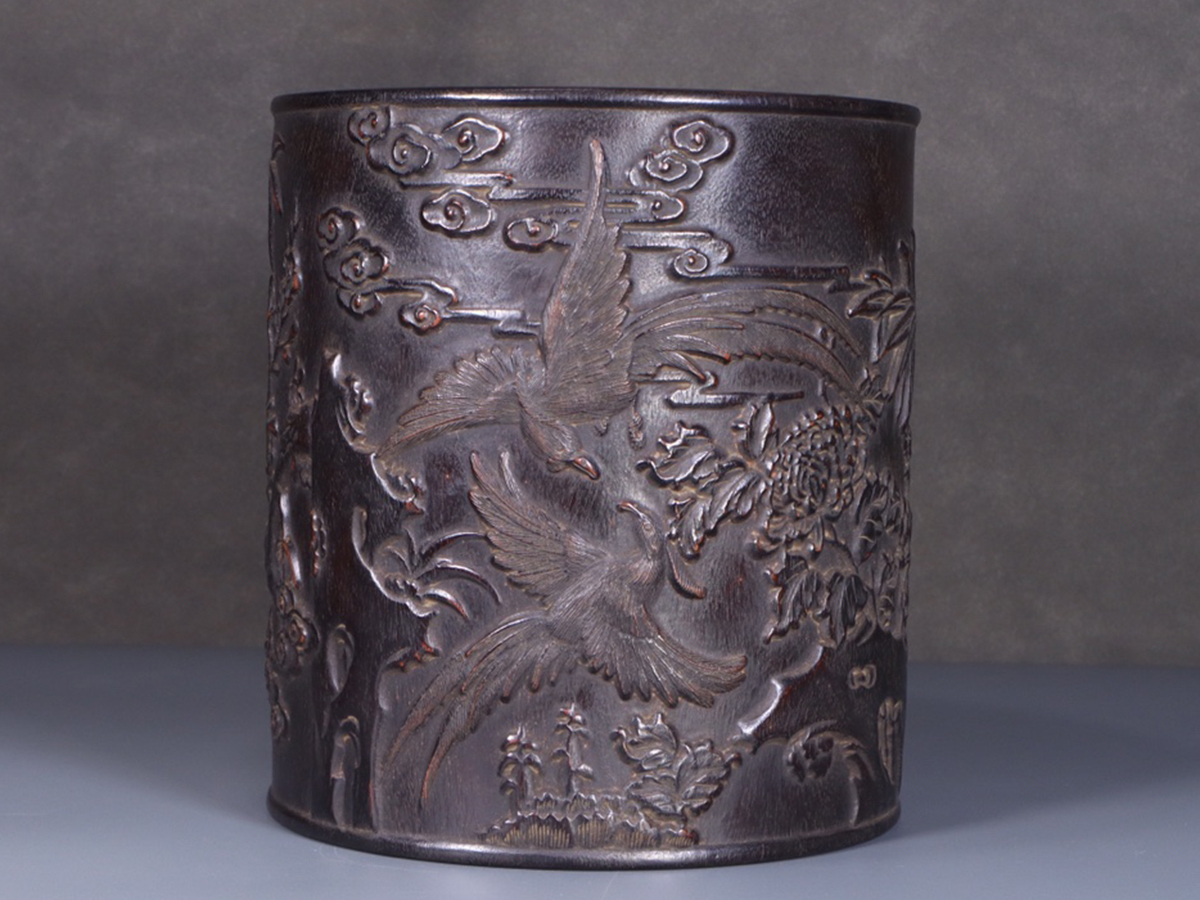 ▽鴻▽清時代 珍木紫檀 花鳥竹紋筆筒 時代物 中国古美術 骨董品拍卖