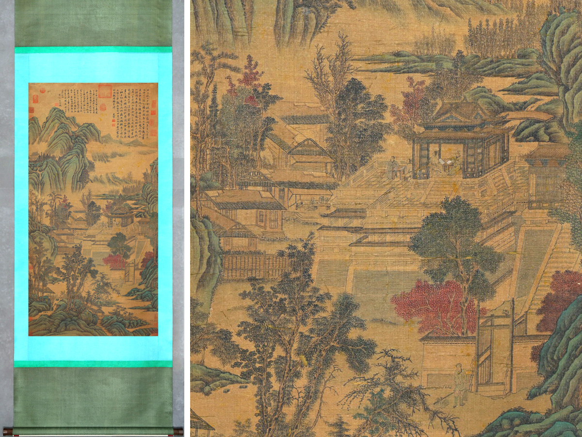 ▽鴻▽古書道【明代書画家・董其昌書 絹本 渓山仙館図】 真筆肉筆 骨董書画 掛け軸 時代物 中国古美術 骨董品拍卖
