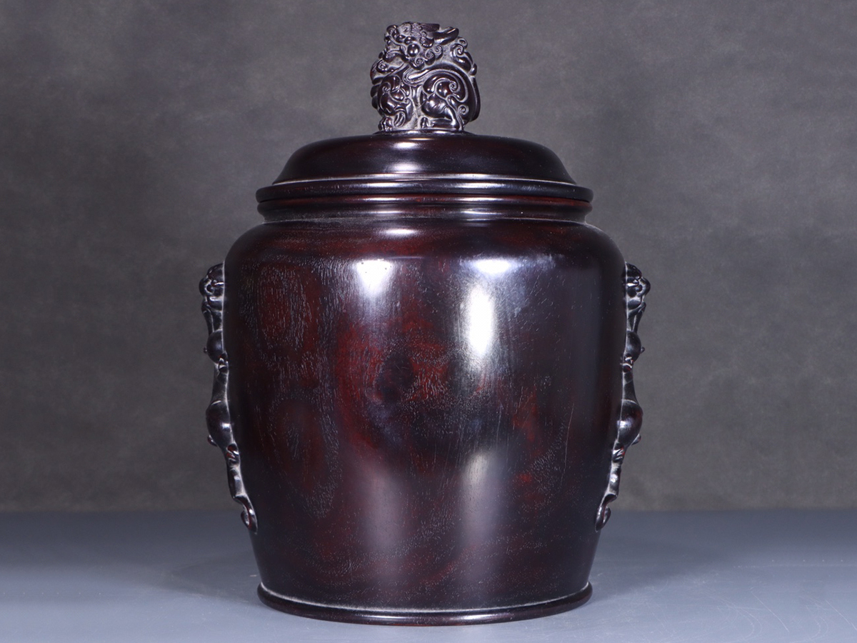 ▽鴻▽清時代 珍木紫檀 魑龍紋大置物罐 時代物 中国古美術 骨董品拍卖