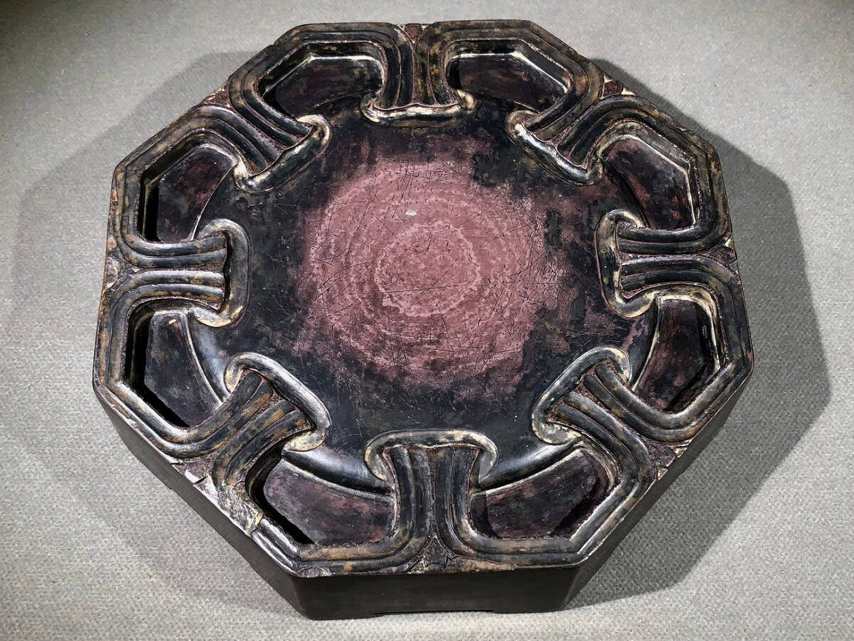 ▽鴻▽清時代 蒋溥銘 祁陽石彫 漢詩紋八方硯 唐硯 墨寶 書道具 時代物 中国古美術 骨董品拍卖