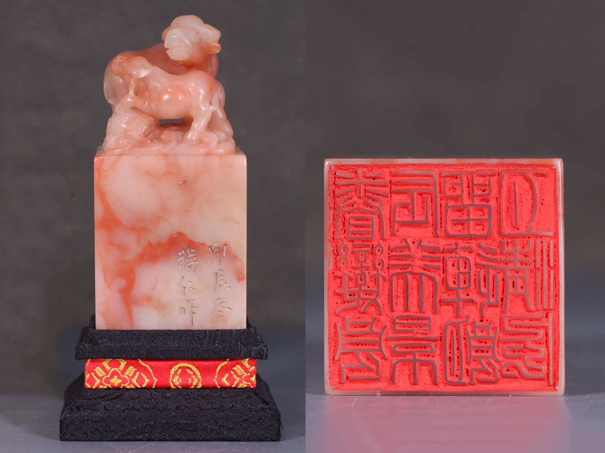 ▽鴻▽清時代 蒋仁銘 寿山芙蓉石彫 牛鈕印章 印鑑 共箱 時代物 中国古美術 骨董品拍卖