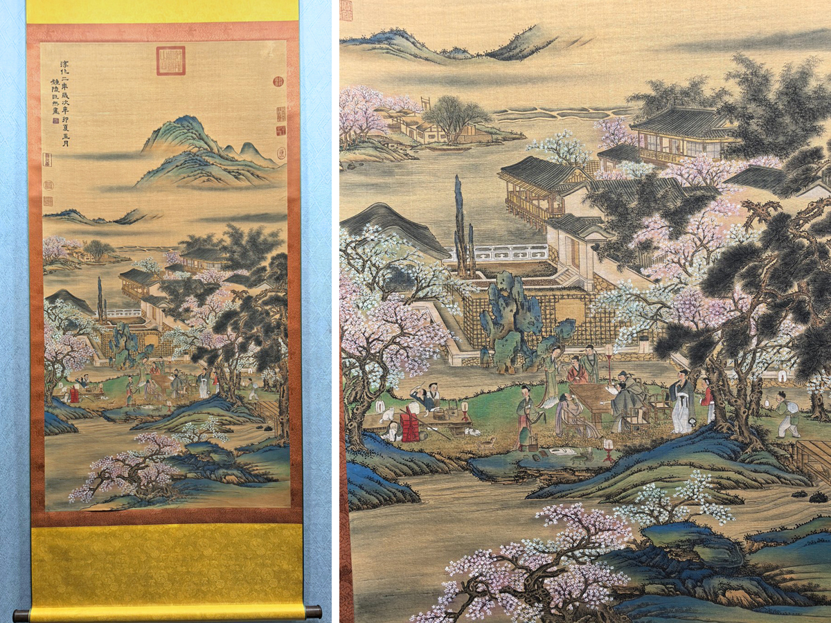 ▽鴻▽古書道【五代画家「巨然書」絹本「山水人物図」掛軸 共箱】 真筆肉筆 骨董書画 掛け軸 時代物 中国古美術 骨董品拍卖
