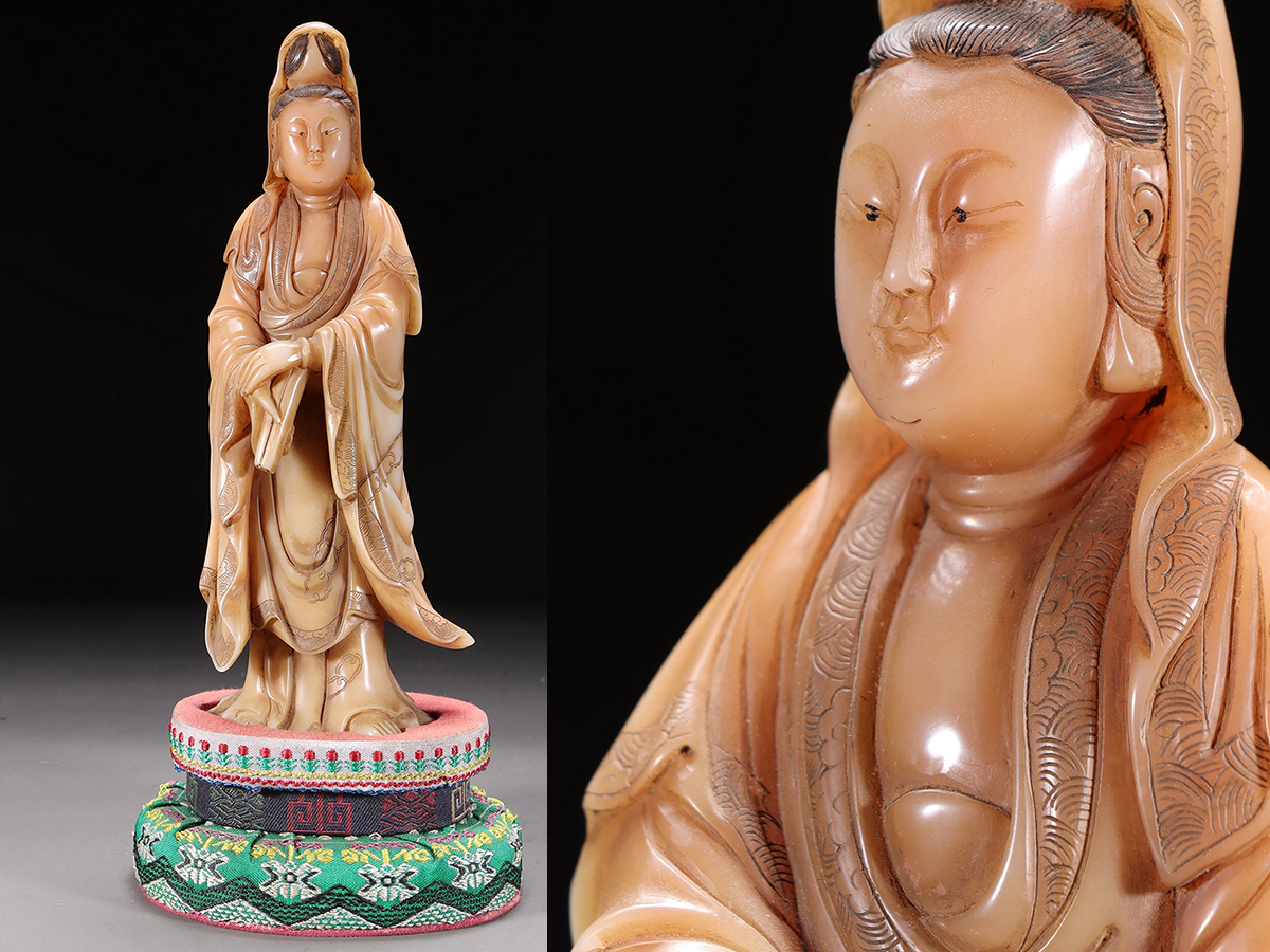 ▽鴻▽清時代 尚均銘 寿山芙蓉石彫 経巻観音立像 共箱 時代物 中国古美術 骨董品拍卖