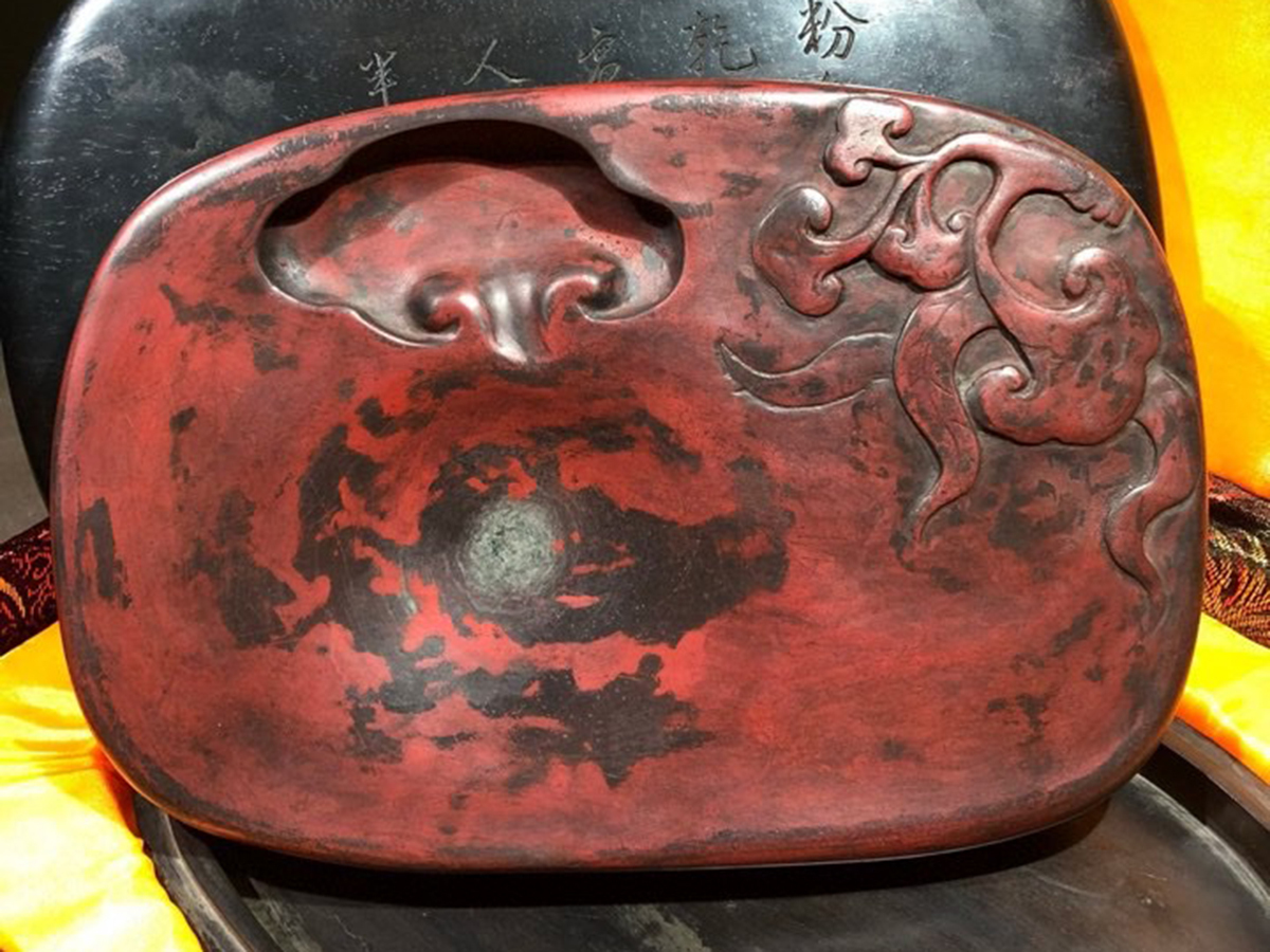 ▽鴻▽清時代 老坑端硯 霊芝紋如意池硯 唐木硯合 鄒一桂銘 箱付 唐硯 墨寶 書道具 時代物 中国古美術 骨董品拍卖