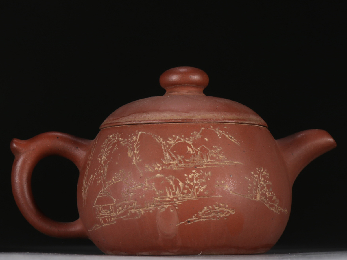 ▽鴻▽後手急須 民国朝時代 茶道具 山水風景紋紫砂茶壺 金鼎商標款 時代物 中国古美術 骨董品拍卖