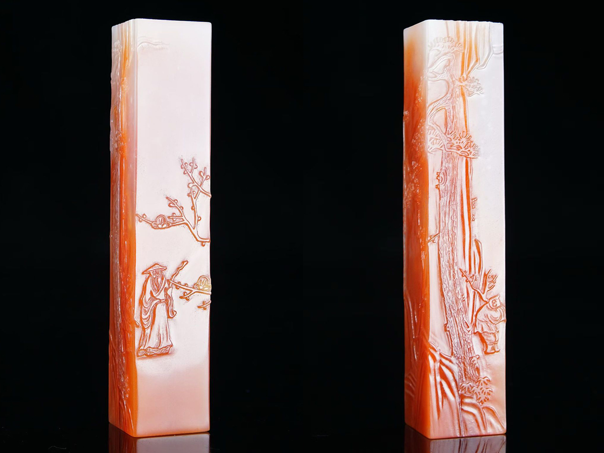 ▽鴻▽清時代 寿山石 桃花凍石彫 松梅隠逸紋素章 印材 時代物 中国古美術 骨董品拍卖