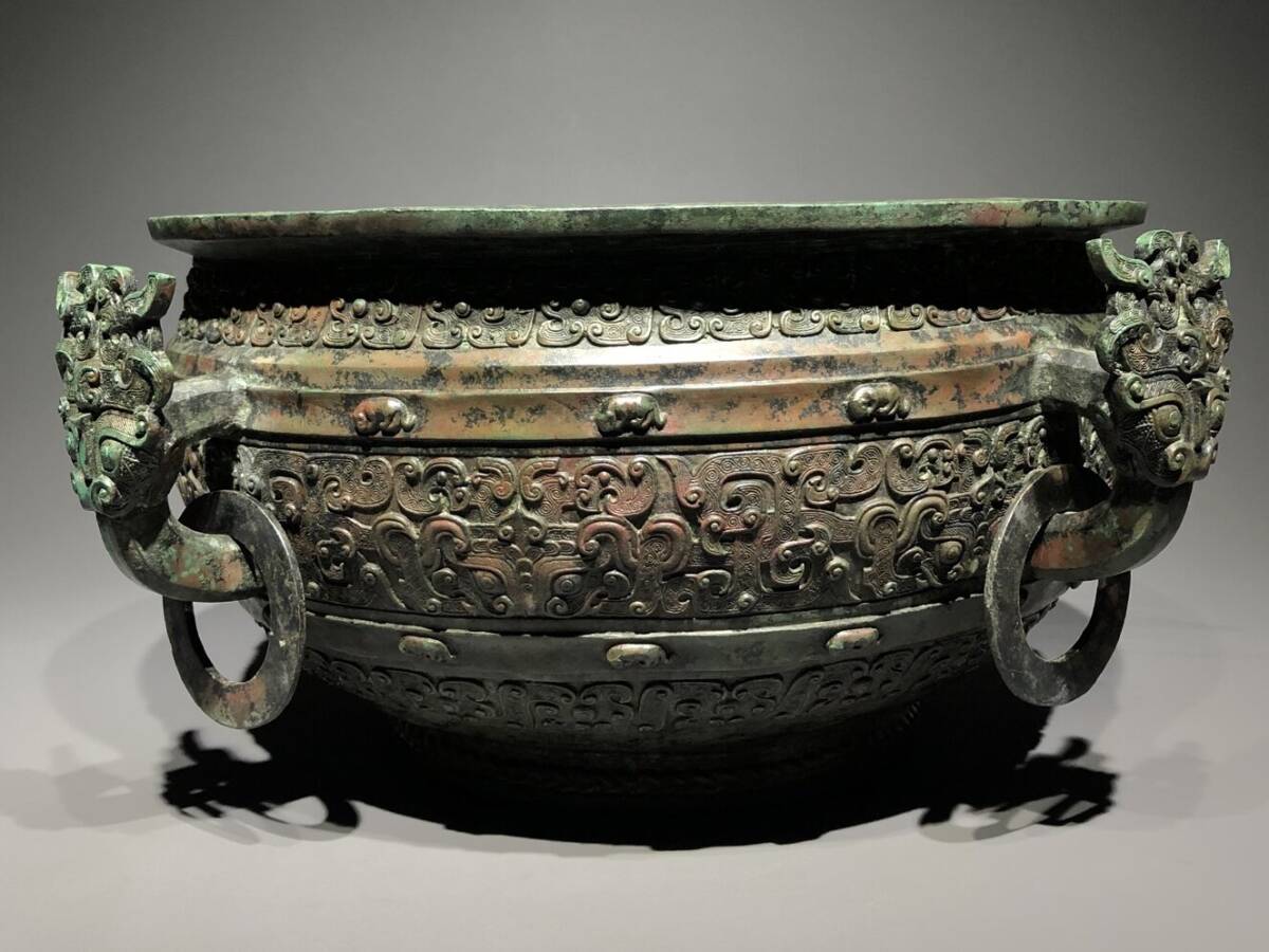 ▽鴻▽館蔵珍品 戦国朝時代 青銅器 蟠蛇獣面龍紋氷鑑 時代物 中国古美術 骨董品拍卖