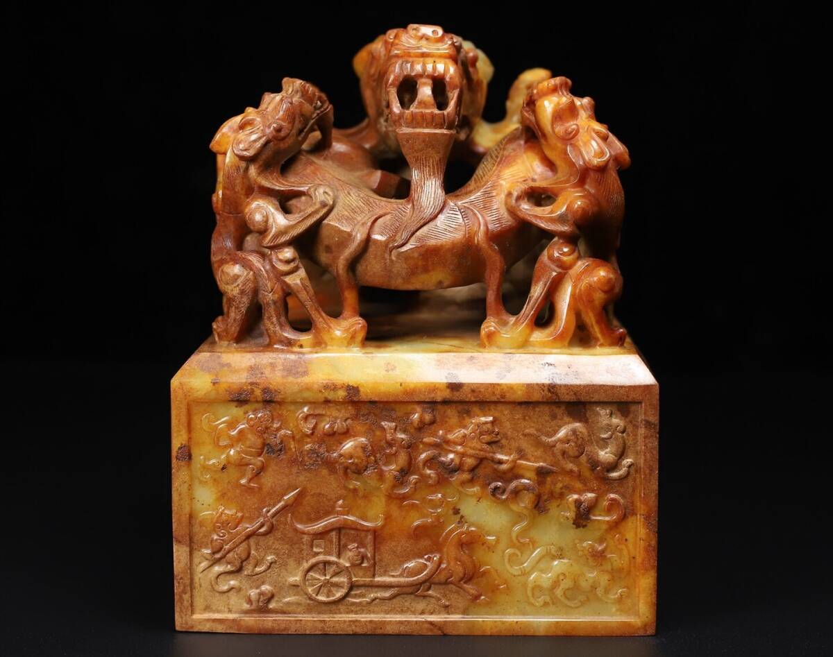 ▽鴻▽漢朝時代 高古玉 和田玉彫 魑龍鈕玉璽印章 時代物 中国古美術 骨董品拍卖