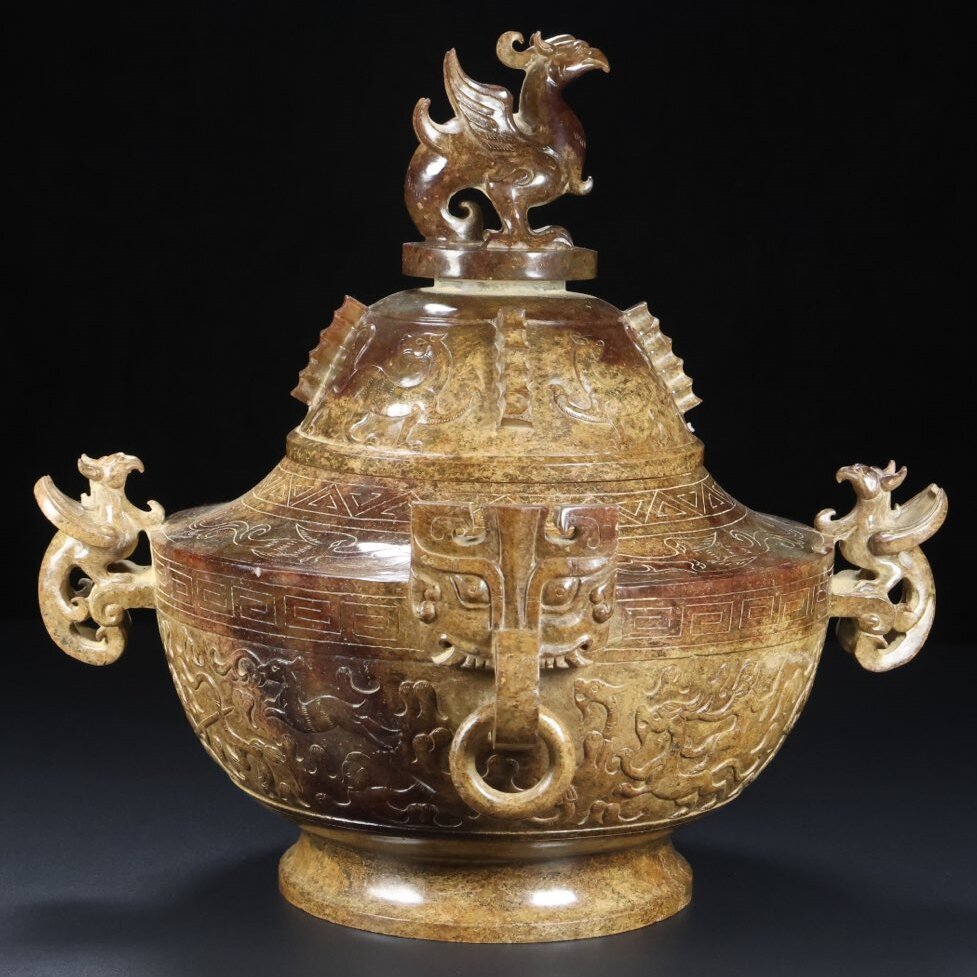 ▽鴻▽漢朝時代 高古玉 和田玉彫 三鳳鋪首耳炉 時代物 中国古美術 骨董品拍卖