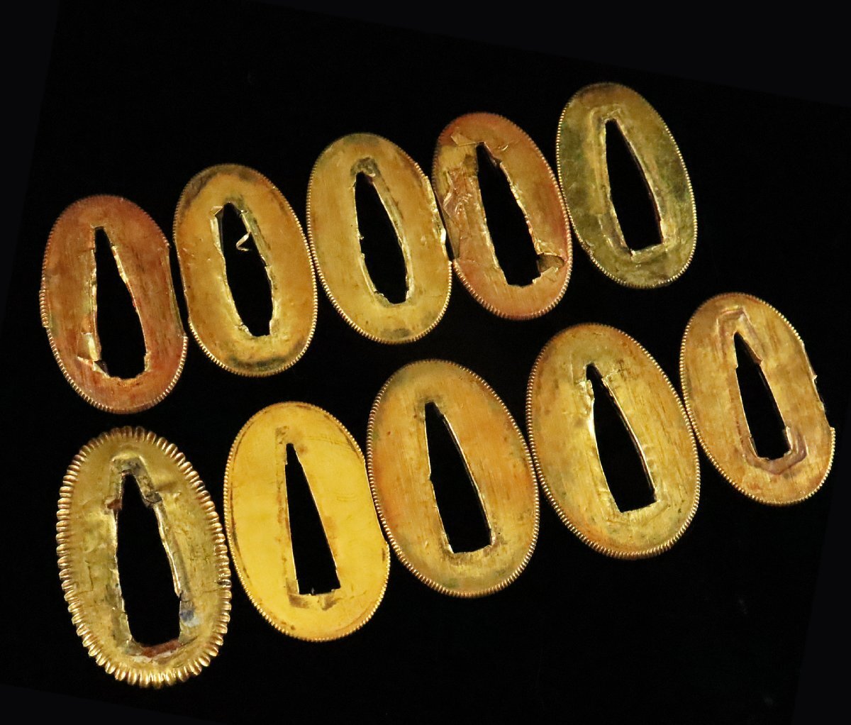 【ASAHI】金着せ切羽!金着縁頭!金被せ!刀装具 拵え 金無垢 10枚まとめて 62g1枚あたり2g~3gあたりの金がとれます。金保証[710134yp拍卖