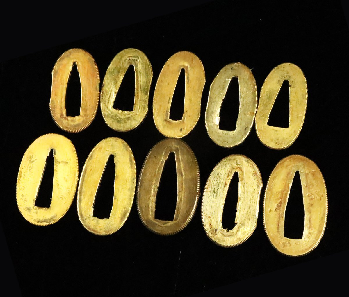 【ASAHI】金着せ切羽!金着縁頭!金被せ!刀装具 拵え 金無垢 10枚まとめて 52g1枚あたり2g~3gあたりの金がとれます。金保証[710133yp拍卖