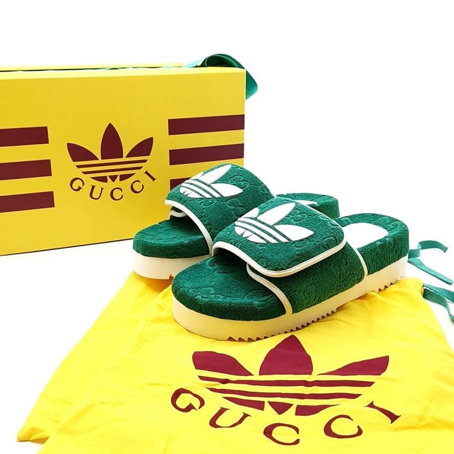 送料無料 美品 グッチ アディダス プラットフォームサンダル パイル地 GG柄 7 27cm相当 緑系 メンズ拍卖