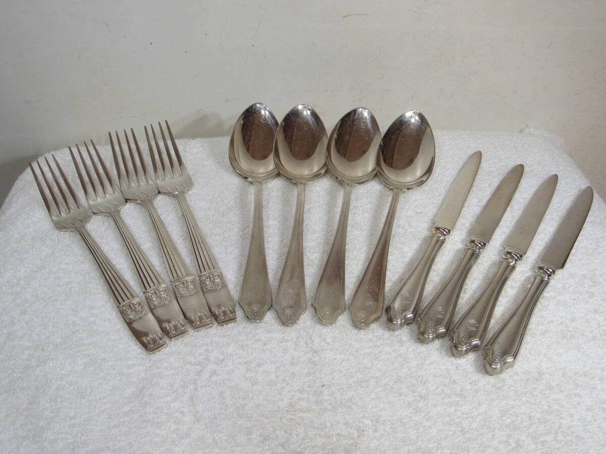 銀製品 スプーン/ナイフ/フォーク MEIDI-YA /COMMULNTY/ F,R,S,M ニッケルシルバー12本 中古美形拍卖
