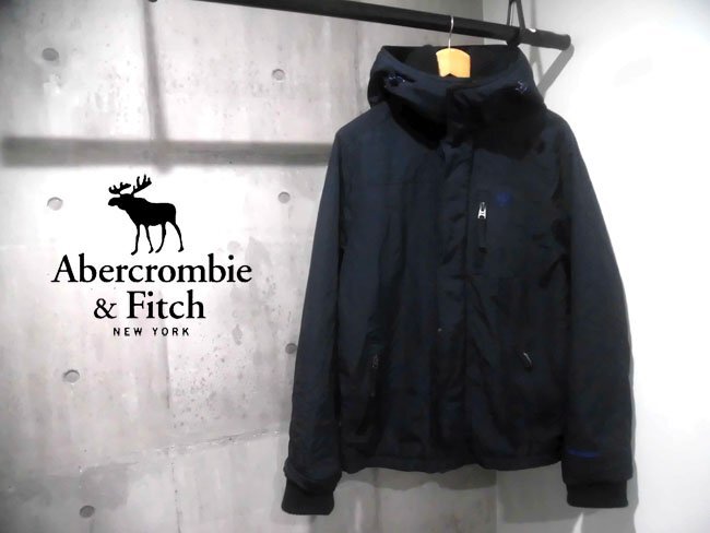 ABERCROMBIE アバクロンビー アバクロ A&Fロゴ刺繍 フード付き リブ ナイロン ジャケット L/フーディ ブルゾン/リブジャケット/紺/メンズ拍卖