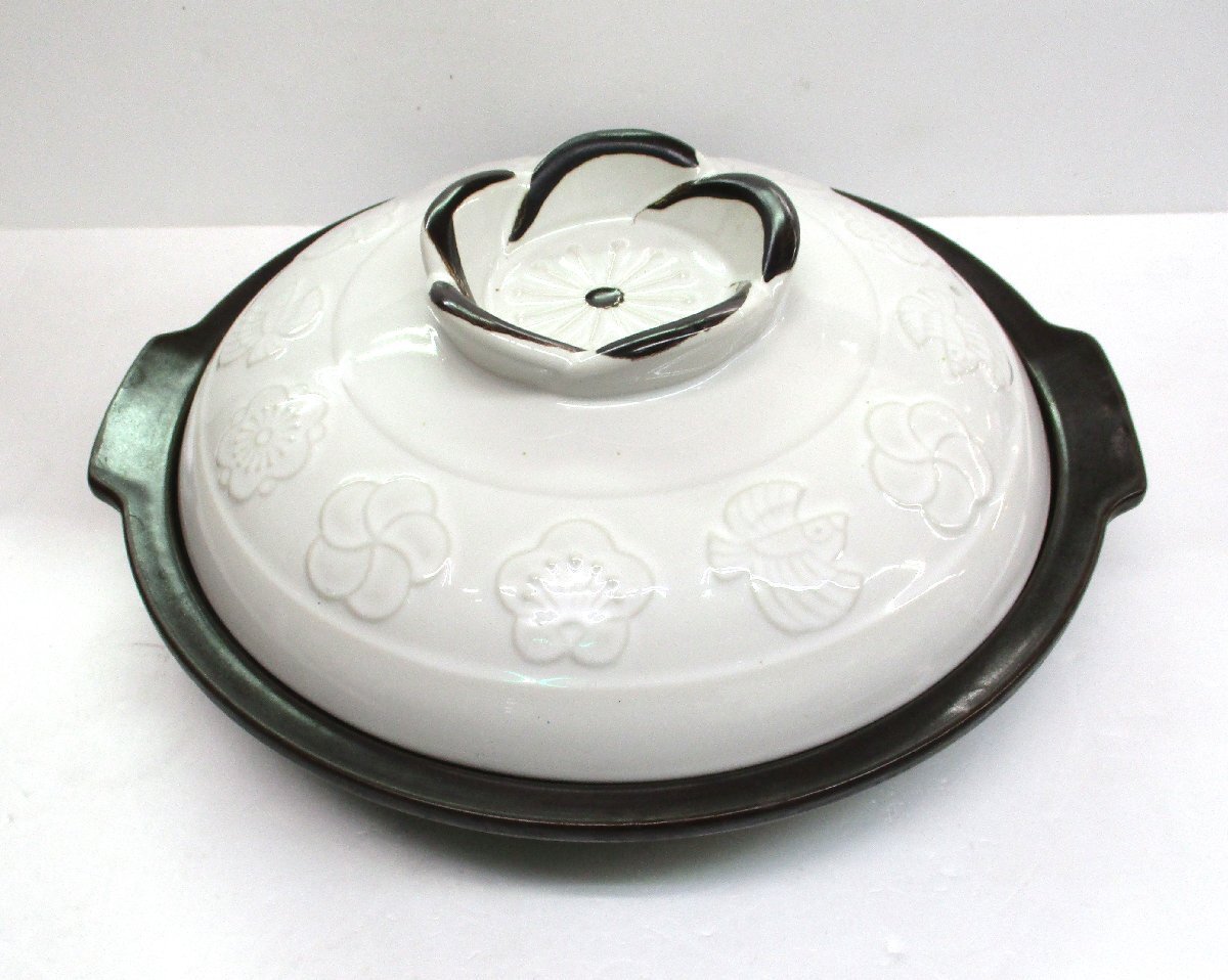 陶板鍋 大 直径28cm COOKING POTTERY 幅36x奥行き33.5x高さ5~13cm 中古 101746 ★拍卖