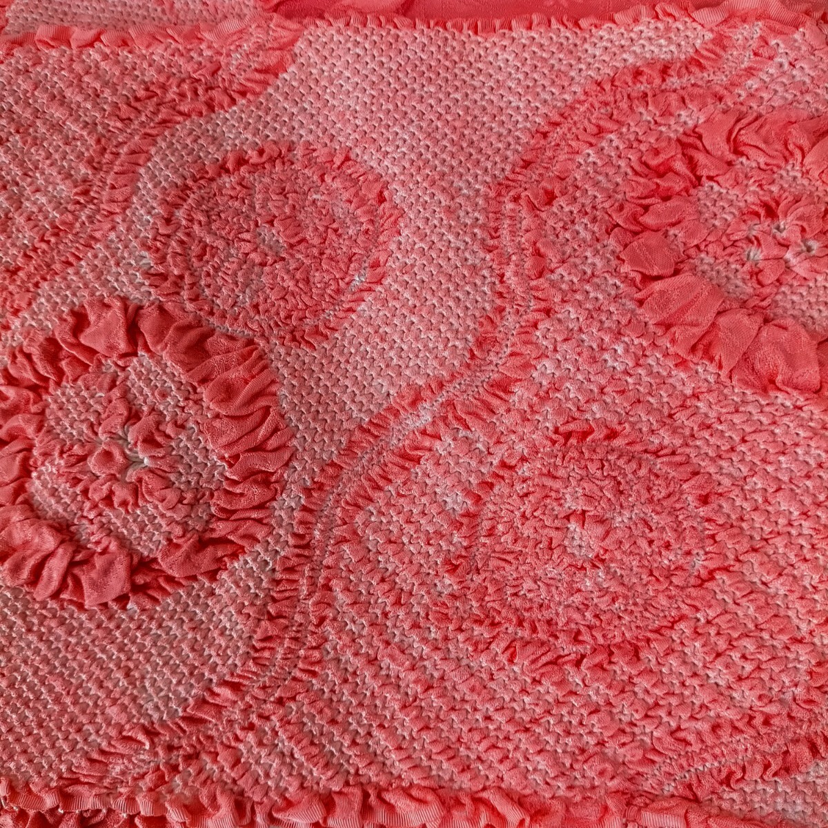 未使用保管品 絞り帯揚げ  サーモンピンク   幅19cm 長さ134cm  きぬたや 有松絞すきさんもいかが拍卖