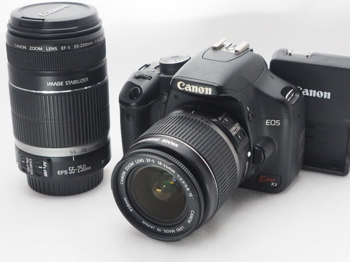 ★実用美品★ CANON キャノン EOS KISS X2 + EF-S 18-55mm F3.5-5.6 IS + EF-S 55-250mm F4-5.6 IS ★動作OK★ @8427拍卖