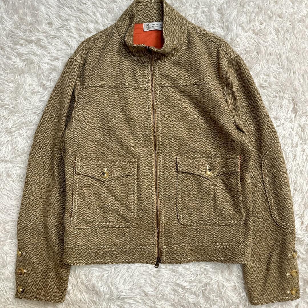 【外観美品!!極上の一着!!】【カシミヤ100%】ブルネロクチネリ ヘリンボーン カシミヤ ジップアップ ブルゾン ツイード メンズ拍卖
