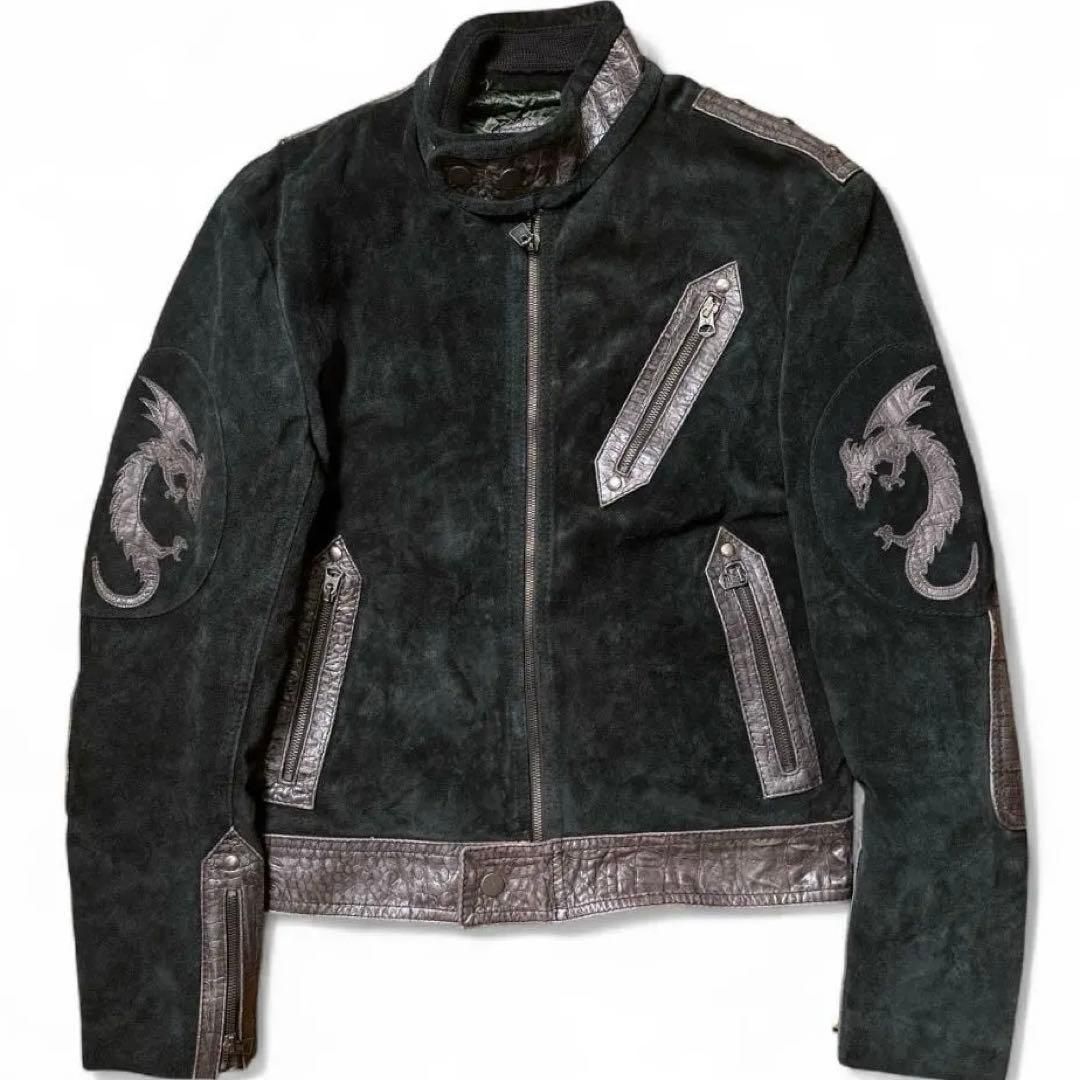 【超希少!!Y2Kデザイン!!】アルマーニジーンズ ARMANI JEANS DRAGON Leather blouson ブルゾン レザージャケット 龍 サイズL 拍卖