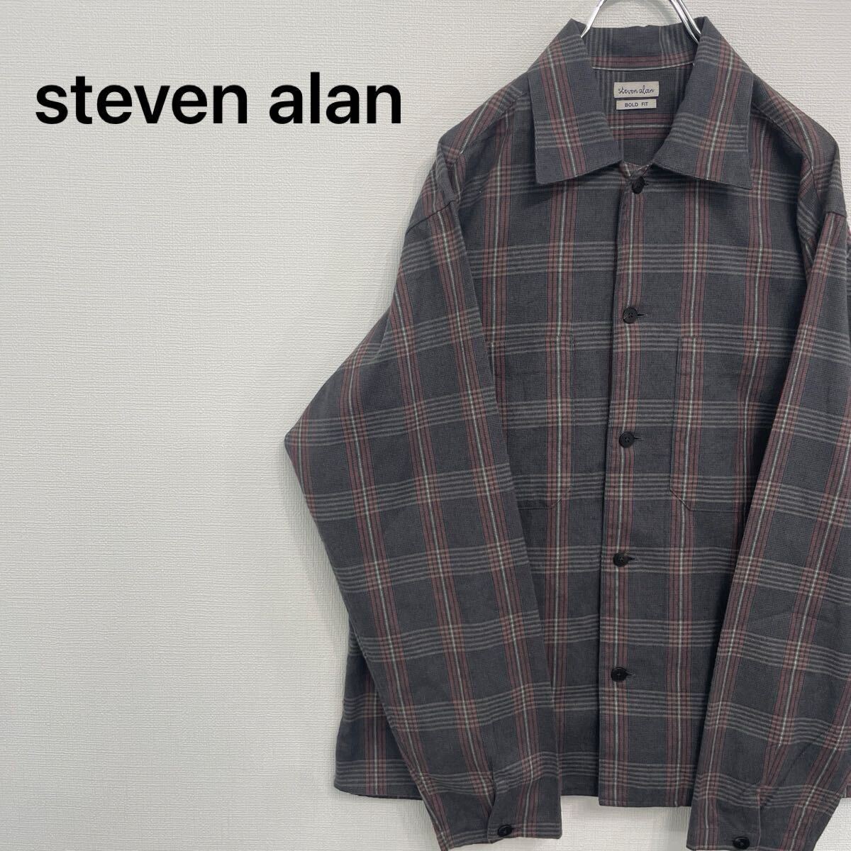 【794】steven alan スティーブンアラン 長袖チェックシャツ ボタンダウンシャツ 日本製 綿100% メンズSサイズ グレー チェック拍卖