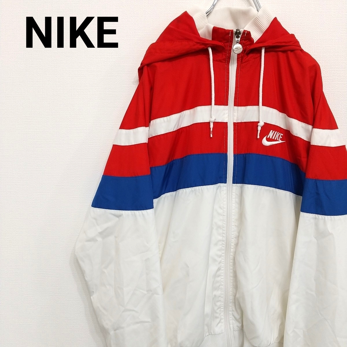 【834】NIKE ナイキ ナイロンジャケット フードジャケット 刺繍ロゴ 万博カラー メンズS相当 裏地メッシュ y2k アーカイブ拍卖