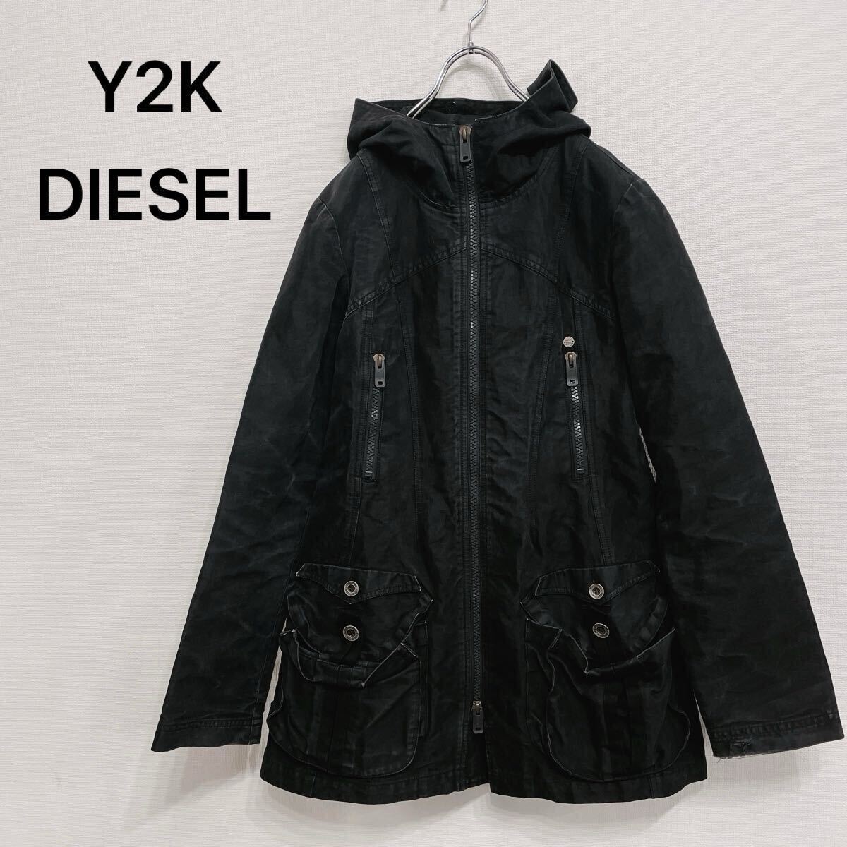 【839】japanese label Y2K ディーゼル DIESEL コート フード付き ジップアップ 黒 BLACK フルジップ ロングコート ジャケット拍卖