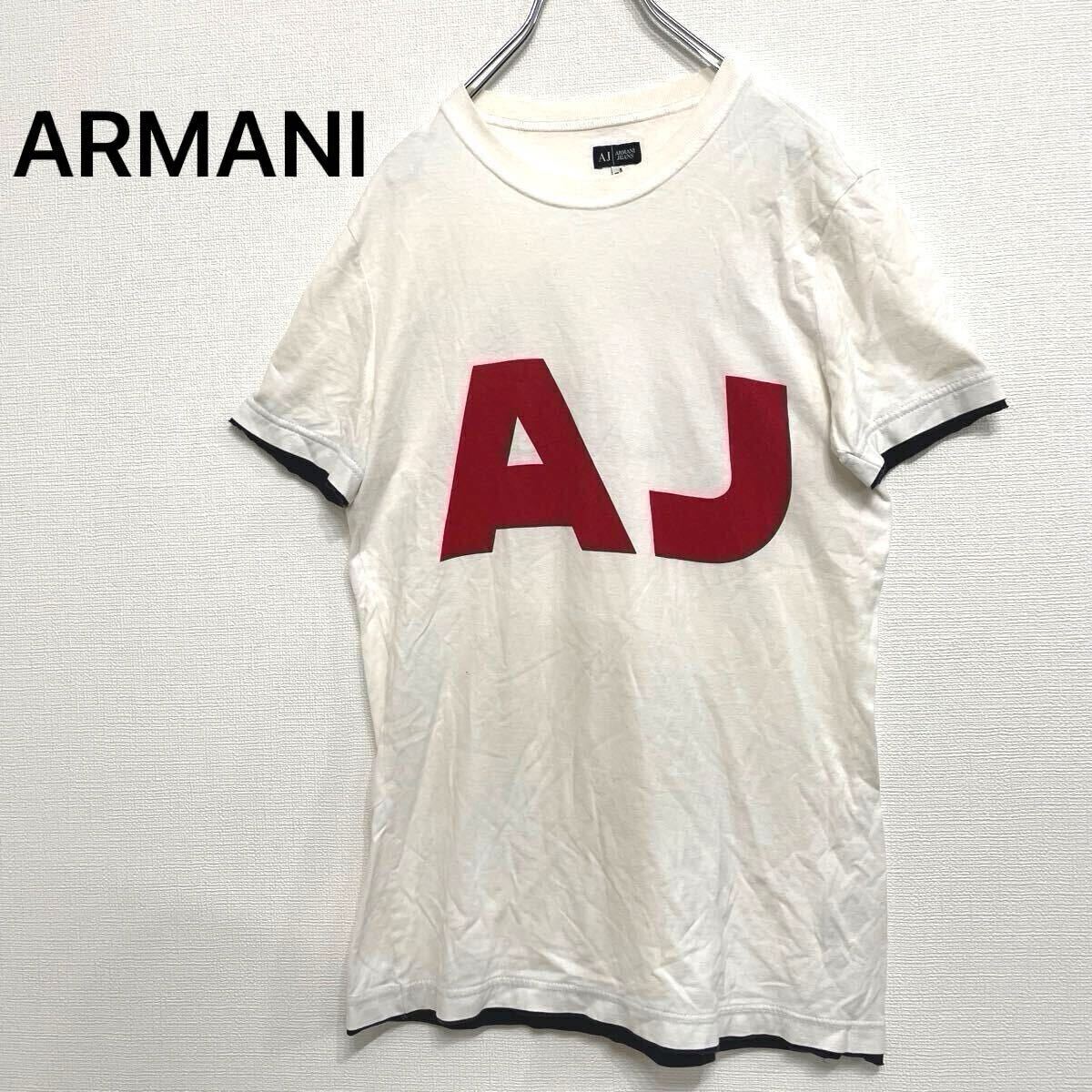 【844】アルマーニ ARMANI メンズ Tシャツ 丸首 クルーネック ロゴ 半袖Tシャツ ホワイト 白×赤 Sサイズ拍卖