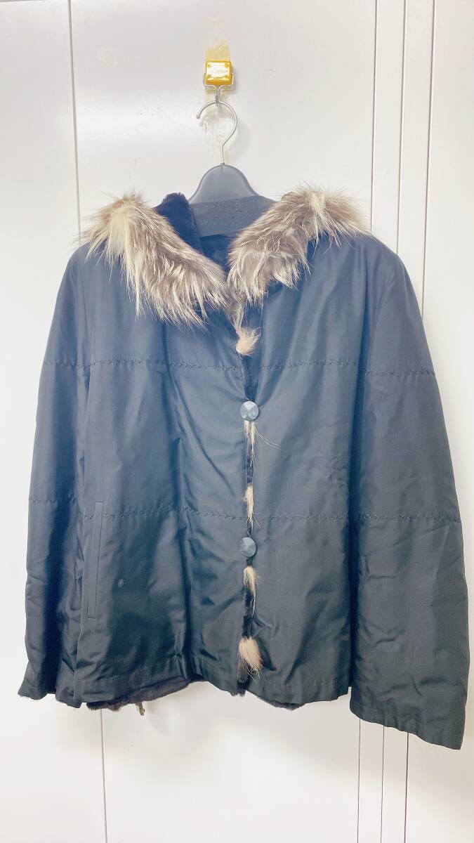 ●○9421 FOXコート フォックス フード付き ファーコート 毛皮コート ブラック系 ○●拍卖