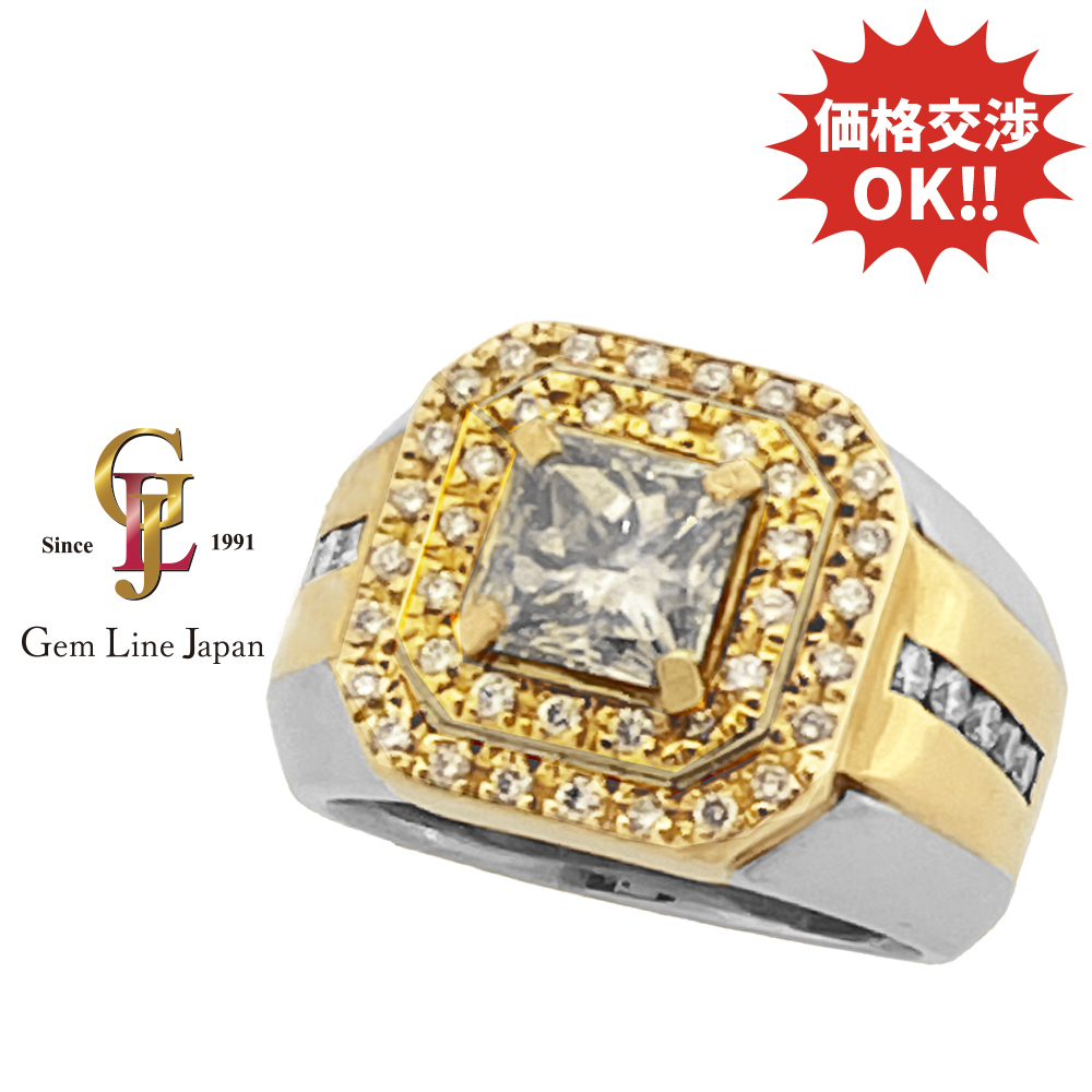 K18/Pt900 31.80g ダイヤモンド 2.057ct 脇ダイヤ 0.77ct コンビ メンズ リング拍卖