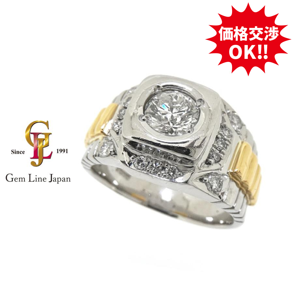 K18/Pt900 22.95g ダイヤモンド 0.722ct 脇石 0.36ct コンビ メンズ 印台 リング拍卖