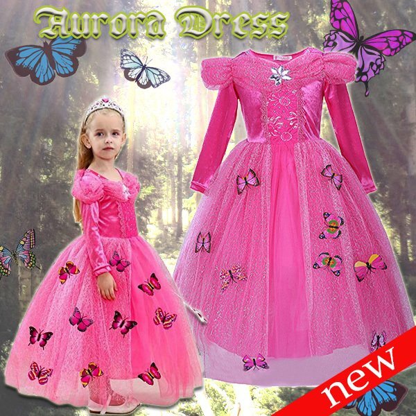 長袖オーロラドレス 子供用 選べるサイズ 110~140cm ディズニー キッズ ハロウィン ピンク Aurora Dress 姫クリスマス 衣装仮装 パーティ拍卖