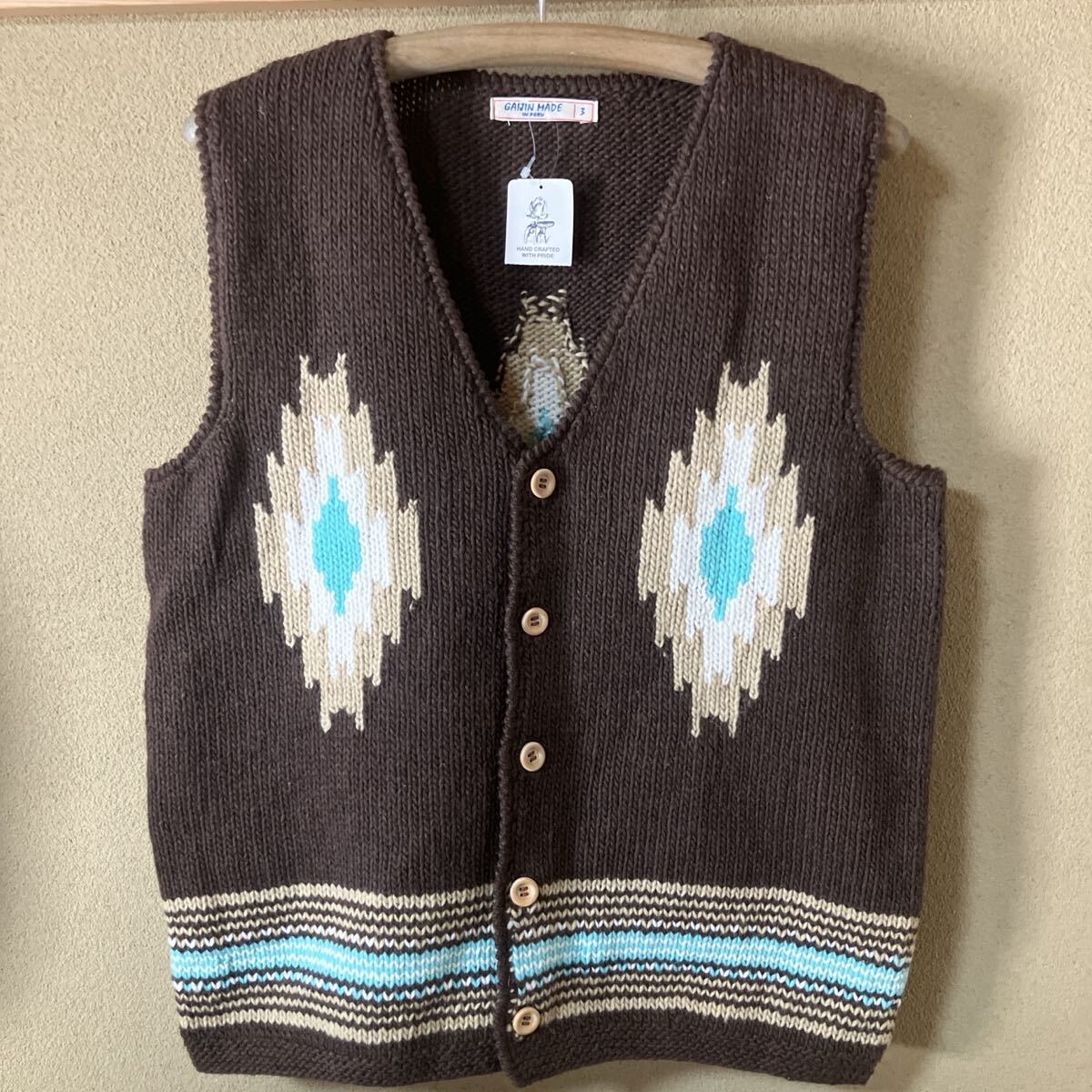 ガイジンメイド、手編みウールオルテガ模様ベスト ブラウン/Lサイズ拍卖