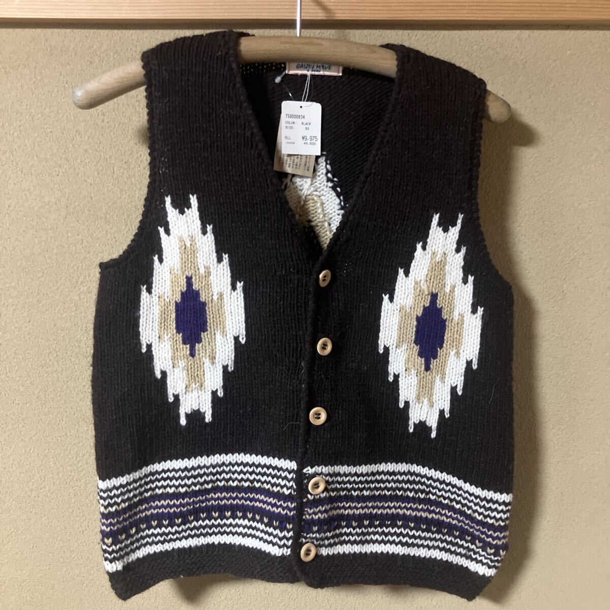 ガイジンメイド、手編みウールオルテガ模様ベスト ダークブラウン/XSサイズ拍卖