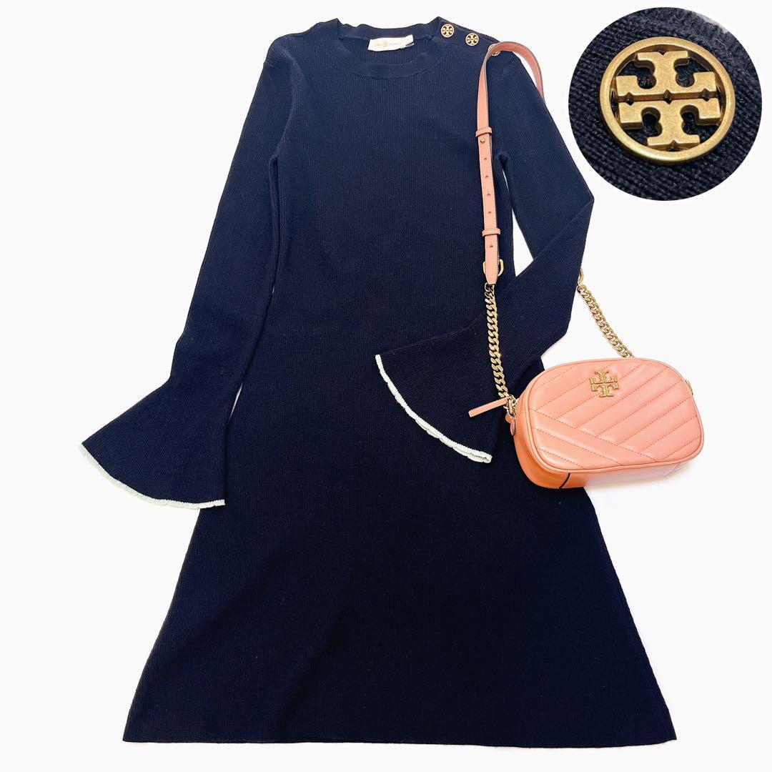 Tory Burch トリーバーチ フレアスリーブ セータードレス ニットワンピース ロゴボタン 定価6万円 エレガント 高級◆紺 ネイビー SP拍卖