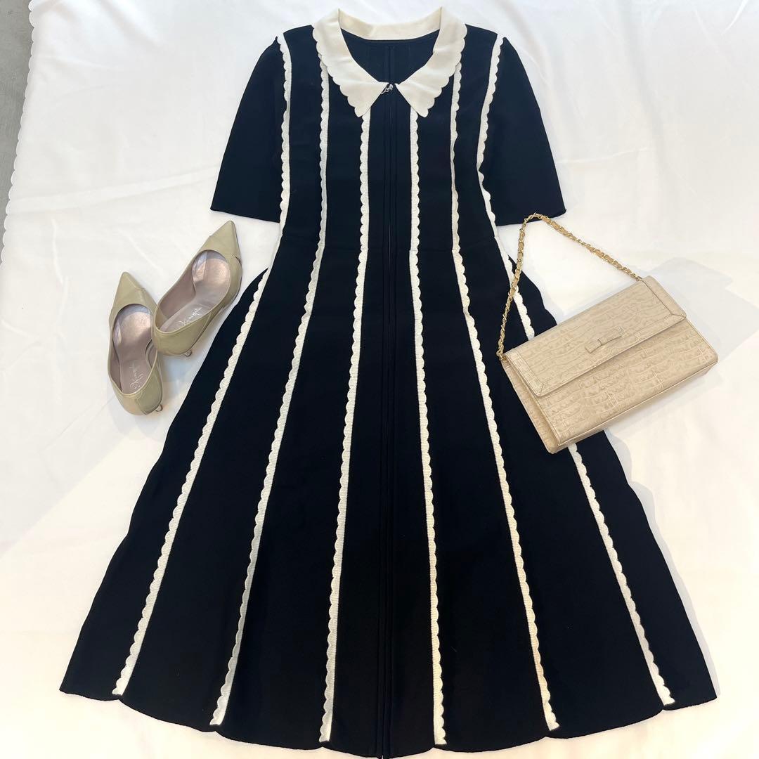 美品◆M Maglie le cassetto マーリエルカセット 冨張愛 シック&モードな前ジップニットワンピース ストライプ◇13 大きいサイズ 近年拍卖