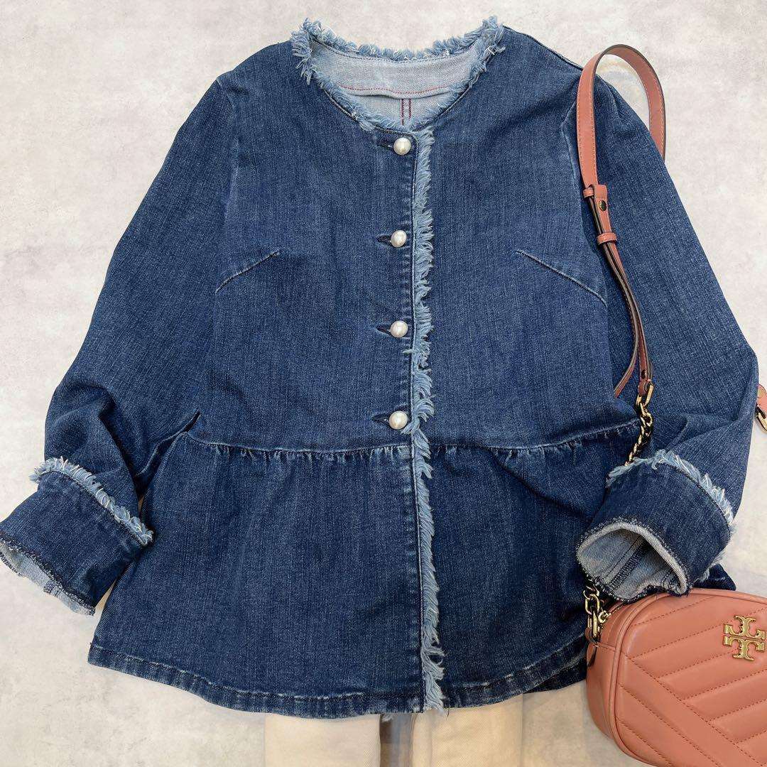 RoseTiara ローズティアラ 中空糸 デニム ペプラム ジャケット パール Gジャン フリンジ 大人可愛い フェミニン 上品◇ダークブルー 38拍卖
