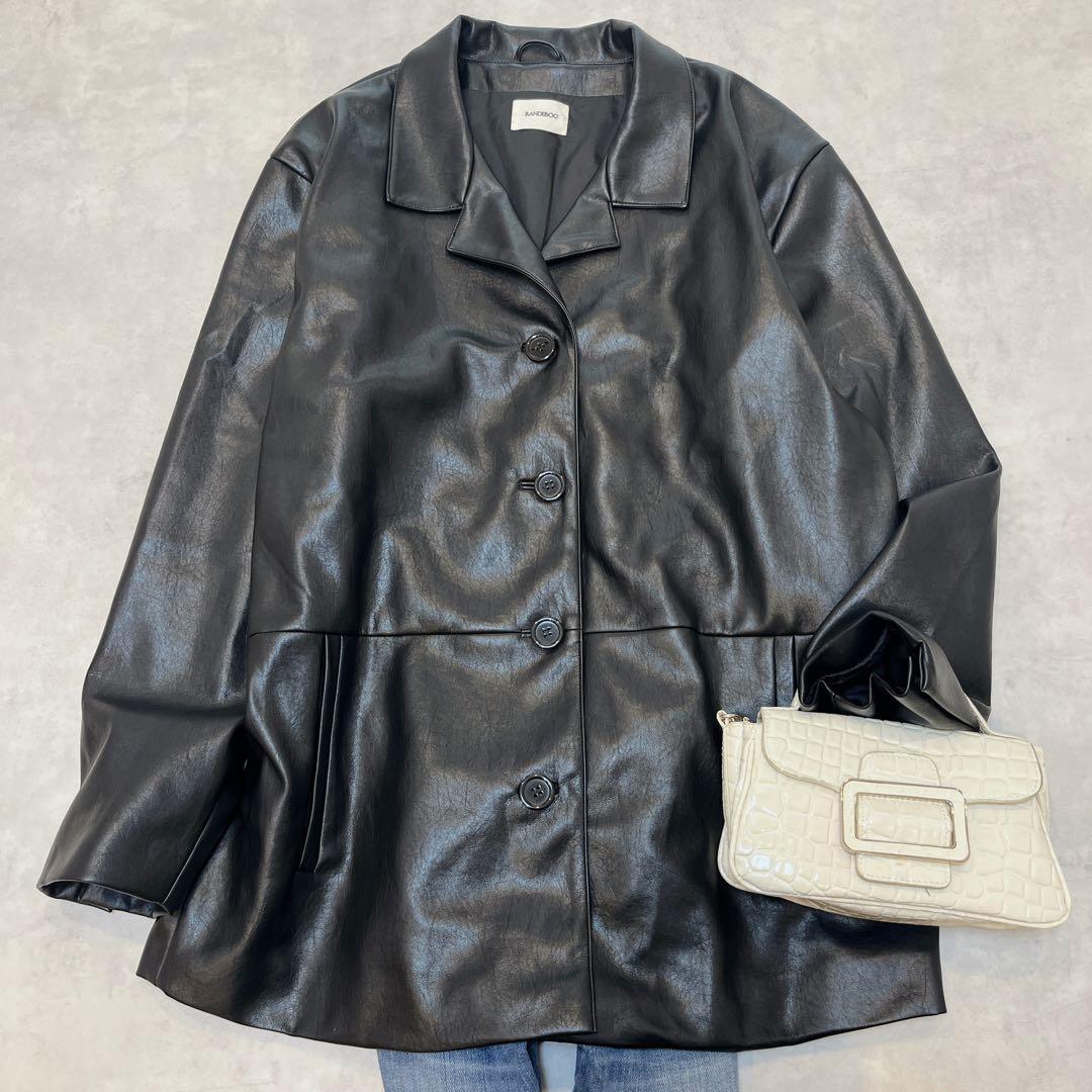 極美品◆RANDEBOO ランデブー ヴィーガンレザー ジャケット Vegan leather jacket モード オーバーサイズ 韓国◇黒 ブラック フリーサイズ拍卖