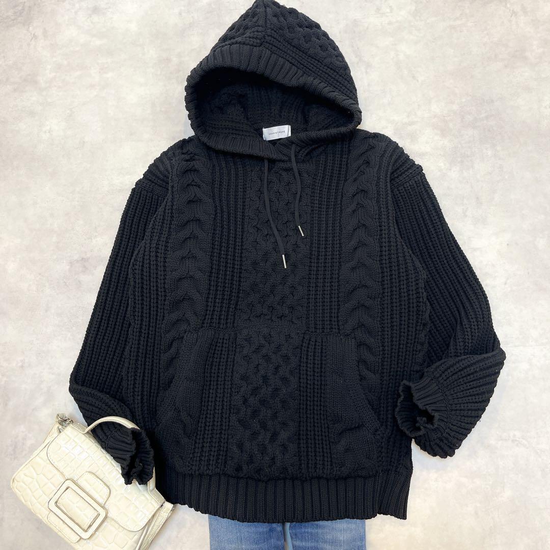 ユニセックス◆アダムエロペ ADAM ET ROPE ケーブル編み ニットパーカー フード ケーブル編み ざっくりニット オーバーサイズ◇ブラック M拍卖
