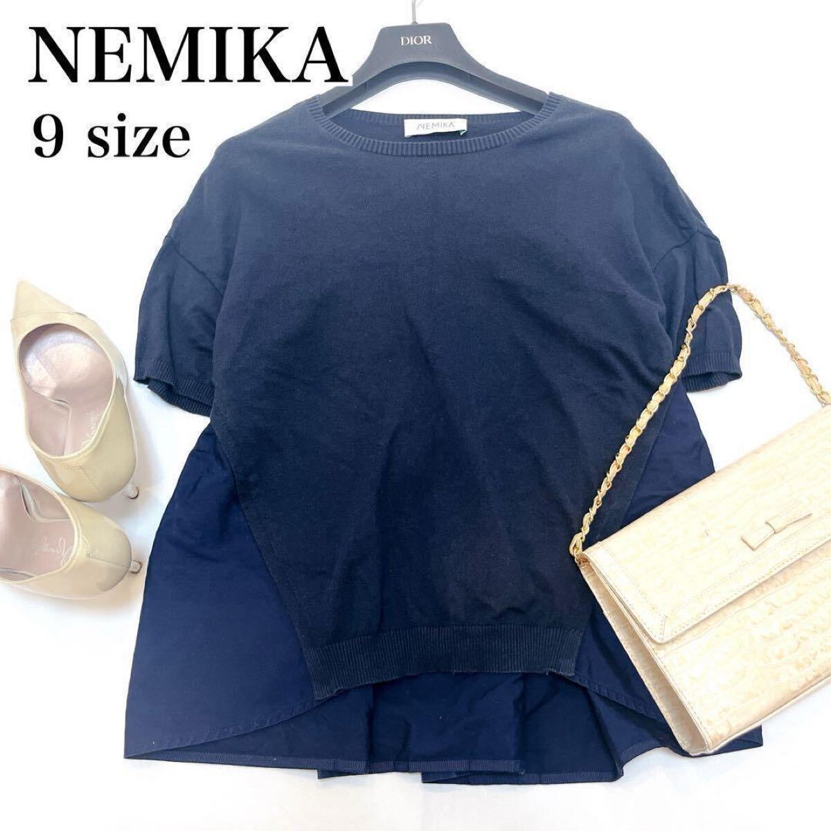NEMIKA 異素材 ドッキング プリーツ カットソー◇ネイビー 9号 レディース Mサイズ 切り替え Tシャツ 紺 きれいめ カジュアル レリアン拍卖