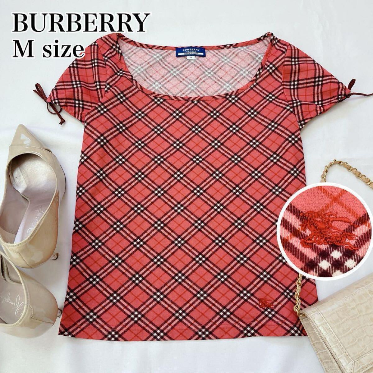 美品◆BURBERRY BLUE LABEL バーバリーブルーレーベル ノバチェック 半袖 カットソー ホースロゴ 刺繍 リボン◇ピンク M 三陽商会 Tシャツ拍卖