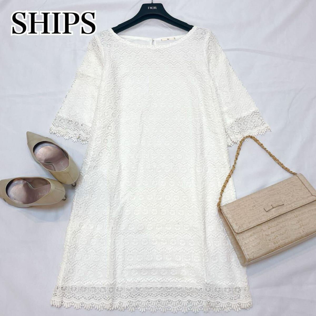 美品◆シップス SHIPS カットワーク レースワンピース◇ホワイト フリーサイズ きれいめ フェミニン カジュアル パーティー 上品 総レース拍卖