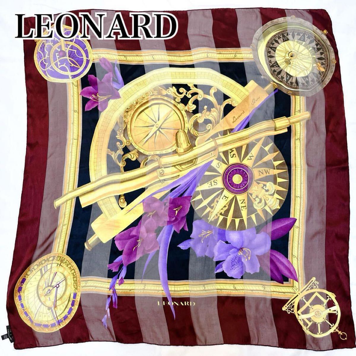 希少◆レオナール LEONARD スカーフ 大判 シルク100% SETA SOIE SILK◇ボルドー レッド 赤 コンパス 望遠鏡 羅針盤 方位磁針 花柄拍卖