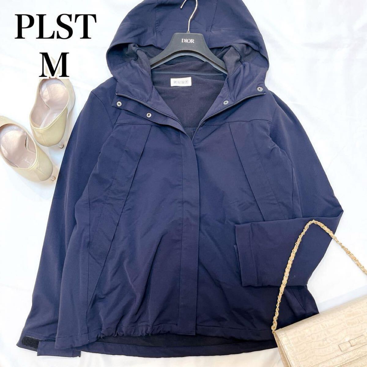PLST プラステ 裏起毛 ダブルポケット ブルゾン マウンテンパーカー ジップアップ フード付き ナイロンジャケット◇ネイビー 紺 M きれいめ拍卖