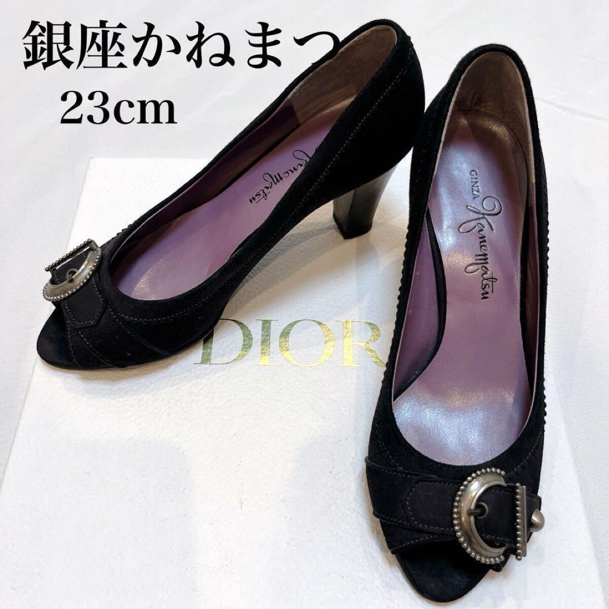 美品◆銀座かねまつ スエード バックル ベルト オープントゥ パンプス◇ブラック 黒 23cm 太ヒール ハイヒール シンプル オフィス 上品拍卖