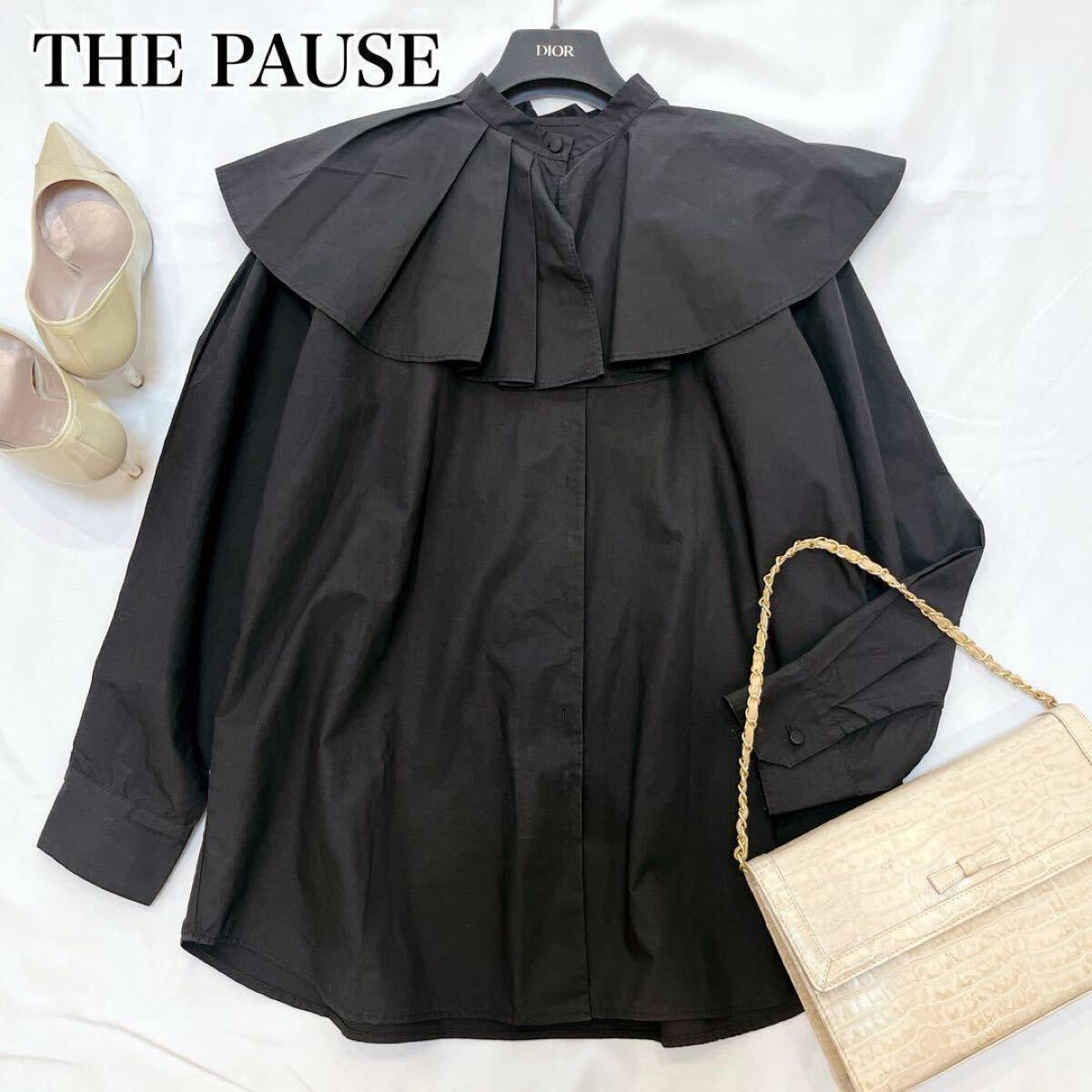 極美品◆Whim Gazette THE PAUSE フレアカラー2WAY ブラウス 近年モデル ウィムガゼット 手洗い可 綿100%◇フリーサイズ ブラック 黒拍卖
